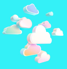 White and multicolored 3d clouds on blue sky.