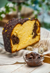 Panettone is an Italian type of sweet bread. Freshly baked sweet braided bread. Eastern European freshly baked dessert