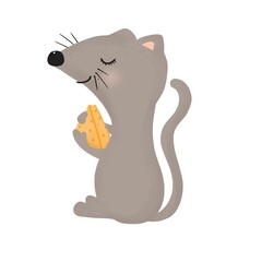 Mouse with cheese. Isolated on white background. Cartoon character