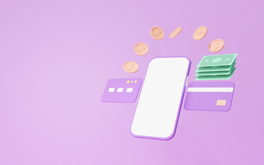 Online payment Credit card coin money floating on smartphone white screen transaction concept. transfer tecnology Internet banking on Purple background cartoon style, 3D rendering