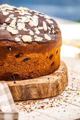 Panettone is the traditional Italian dessert for easter in 2021. Homemade panettone covered in chocolate and sprinkles. Bread served as dessert.