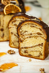 Panettone is an Italian type of sweet bread. Freshly baked sweet braided bread. Eastern European freshly baked dessert