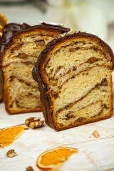 Panettone is an Italian type of sweet bread. Freshly baked sweet braided bread. Eastern European freshly baked dessert