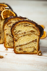 Panettone is the traditional Italian dessert for easter in 2021. Homemade panettone covered in chocolate and sprinkles. Bread served as dessert.