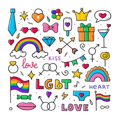 LGBT vector doodle set in color. Gay parade. Hand drawn sketch. Isolated outline illustrations.