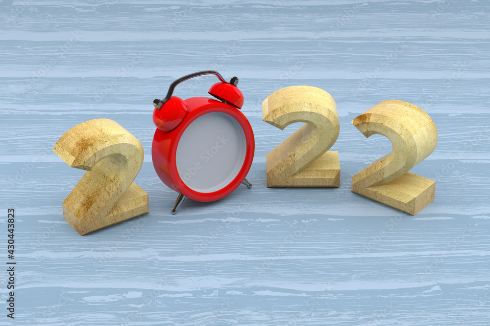 Aufkleber 2022 word with clock on wooden background. 3d rendering