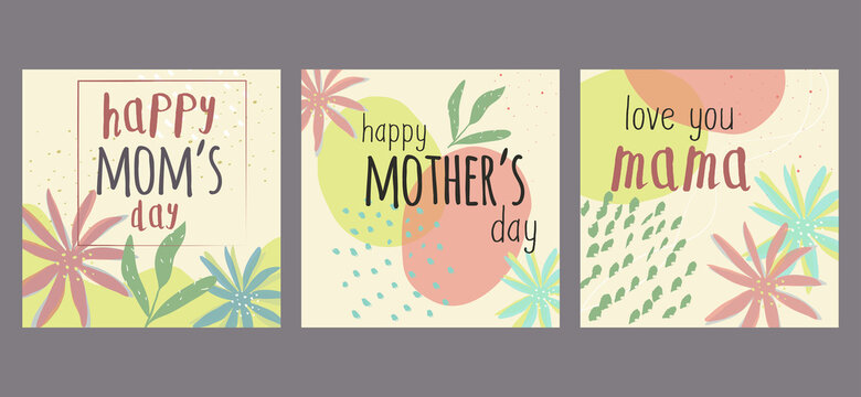 Mother's day abstract background set with pink and green circles, blue confetti, flowers and leaf. Squared templates suitable for banners, ads, wallpapers, social media, posters and more. Vectored. 