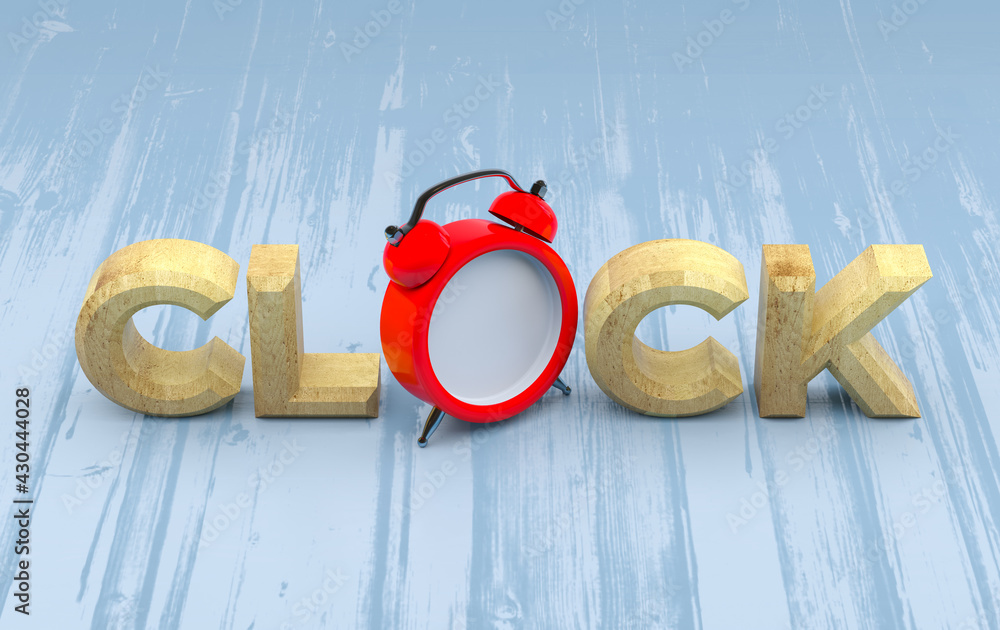 Poster clock word with clock on wooden background. 3d rendering
