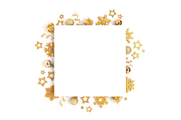 Square paper card mockup with frame made of golden Christmas decorations and confetti. Festive template on a white background.