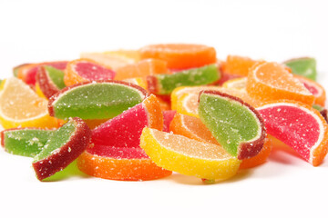 The background consists of many delicious sweet colored marmalades in the form of fruit slices.Fruit jelly. Jelly citrus candies in the form of slices.Top view, copyspace