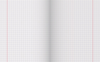 Page of school notebook with grid and margins. Blank page spread for studies and notes.Vector illustration