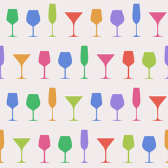 Pattern with glasses silhouettes.Endless background with alcohol drink goblets.Holiday backdrop with simple logos.Icon's background picture for design.Isolated. Vector illustration