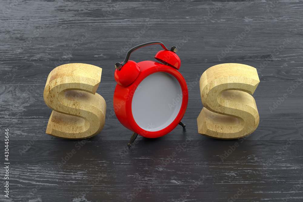Poster sos word with clock on wooden background. 3d rendering