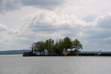 Panoramic view of Lake Balaton and the marina with pleasure boats.