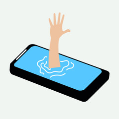 
Hand sinks in a smartphone. Smartphone addiction concept. A common problem among young people is addiction to smartphones, drug addiction
