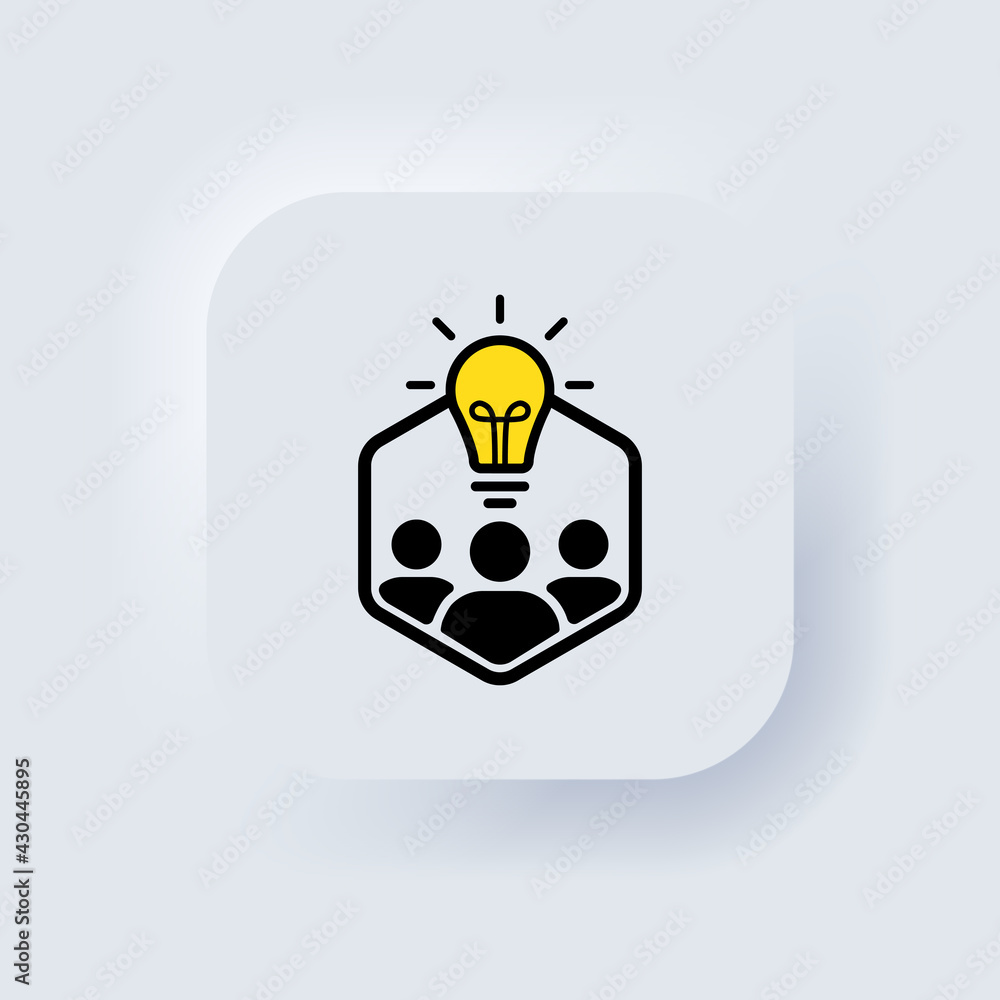 Poster teamwork icon. search for new solution ideas, brainstorming. neumorphic ui ux white user interface w