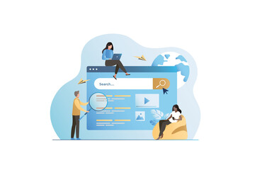 People with magnifying glass, smartphone in search engine are looking for online information, data in browser. Woman in laptop enters search query on web page, site. Internet surfing.