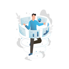 Business man jumps in presentations, projects, examines graphs, risks, analyzes diagrams. Vector worker looks at statistics, data, information, plans work, develops successful strategy. Trader.