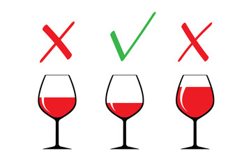 Red wine glasses silhouettes, beverage goblets.Alcohol drink icons on a white background.Simple logos.Right use concept.Correct and Incorrect options.Isolated. Vector illustration.