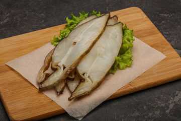 Delicous smoked halibut slices snack