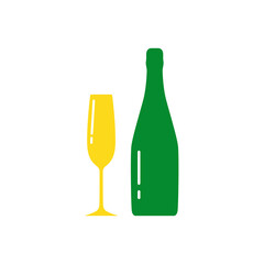 Champagne bottle and glasse silhouette,beverage container and goblet.Alcohol drink icon on a white background.Simple romantic logo.Shape basis for the design.Isolated. Vector illustration
