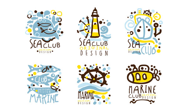 Sea Club Label Original Design with Yacht, Sea Fish and Lighthouse Vector Set