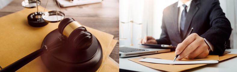 Justice and law concept.Male judge in a courtroom with the gavel, working with, computer and docking keyboard, eyeglasses, on table in morning light
