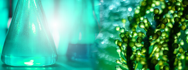 Photobioreactor in medical science laboratory algae fuel biofuel industry, nature algal research, energy and healthcare treatment biotechnology, coronavirus covid-19 vaccine, eco living sustainable.