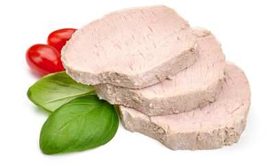 Boiled pork slices, isolated on white background. High resolution image