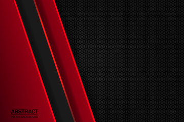 Red and black geometric shapes, stripes and lines on a dark hexagonal carbon fiber grid.