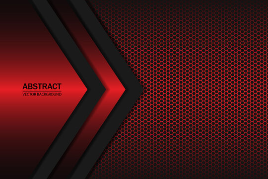 Geometric shapes on a hexagonal red grid. Black and red shapes, stripes and lines on a dark carbon fiber hexagonal background.