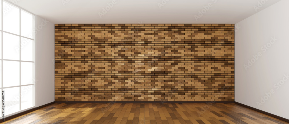 Poster empty room design copy space with the wooden floor and bricks wall 3d rendering