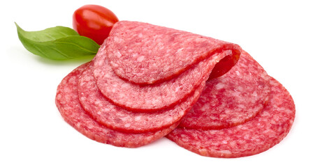 Smoked sausage slices, isolated on white background. High resolution image