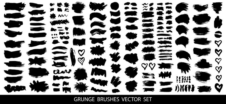 Set of black paint, ink brush strokes, brushes, lines. Dirty artistic design elements, boxes, frames for text. Vector illustration..