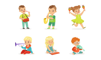 Smiling Boy and Girl Playing Drum and Trumpet Vector Set