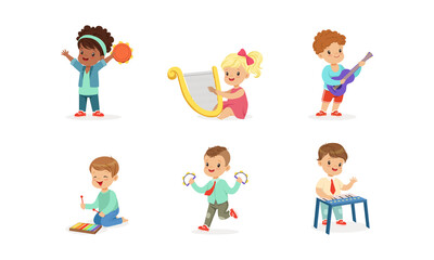 Smiling Boy and Girl Playing Harp and Guitar Vector Set