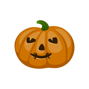 Halloween pumpkin with carved eyes and mouth. The image for the holiday on the banner, the card for the party. Color vector illustration of flat style.