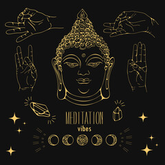 Meditation vibes illustration set gold on black