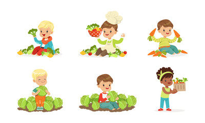 Little Children at Garden Bed with Ripe and Juicy Vegetables Vector Set