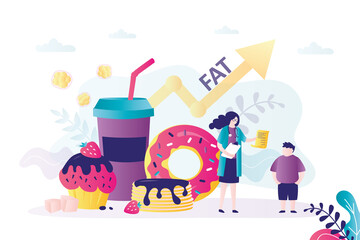 Nutritionist recommending to restrict sweets. Obese boy listens to doctor advice. Concept of junk food and treatment. Obesity problem in children. Various sweets on background. vector illustration