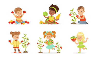 Little Children at Garden Bed with Ripe and Juicy Vegetables Vector Set
