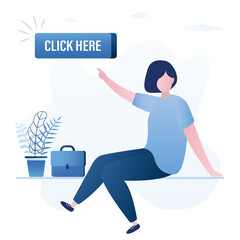 Marketing campaign, website promotion. Businesswoman or customer shows finger to big button. Web banner template. Button with text- click here.