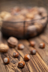 still life with hazelnut peanuts walnut and coconut on wooden board