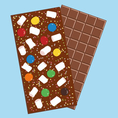 Handmade chocolate bar with marshmallows, multicolored chocolate pills and multicolored sprinkles. On a blue background