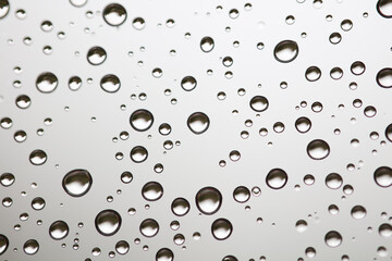 Drops of water from rainning on glass. Selective focus. white gray clouds background pattern...