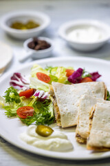 chicken quesadilla with rice, beans, salad, chalapenos and salsa