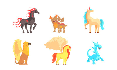 Fantastic Creatures with Fire Breathing Dragon and Pegasus Vector Set