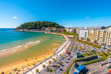 Aerial view of the beautiful La Concha beach in the city of San Sebastián in summer, Gipuzkoa....