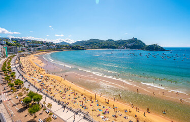 Aerial view of the beautiful La Concha beach in the city of San Sebastián in summer, Gipuzkoa....