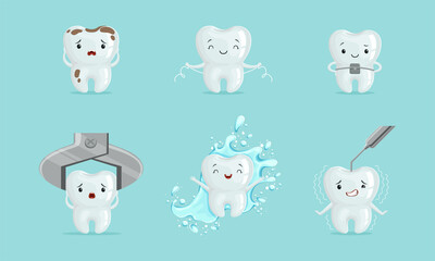 Cute White Tooth Character with Brace and Splashing in Water Vector Set